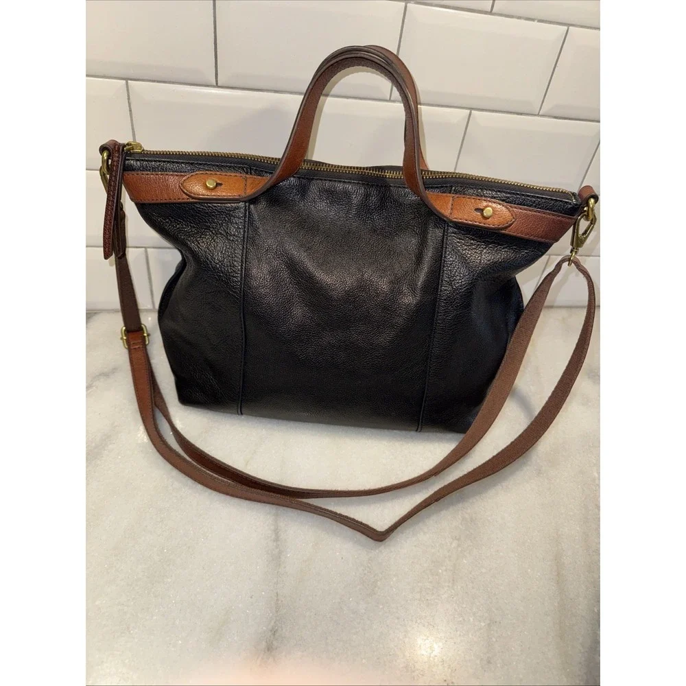 Fossil Sadie Satchel Black Brown Leather Bag Double Handle Crossbody Retail $329